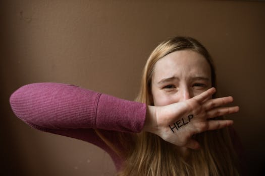 A woman with 'HELP' written on her palm. Emotion and assistance theme.